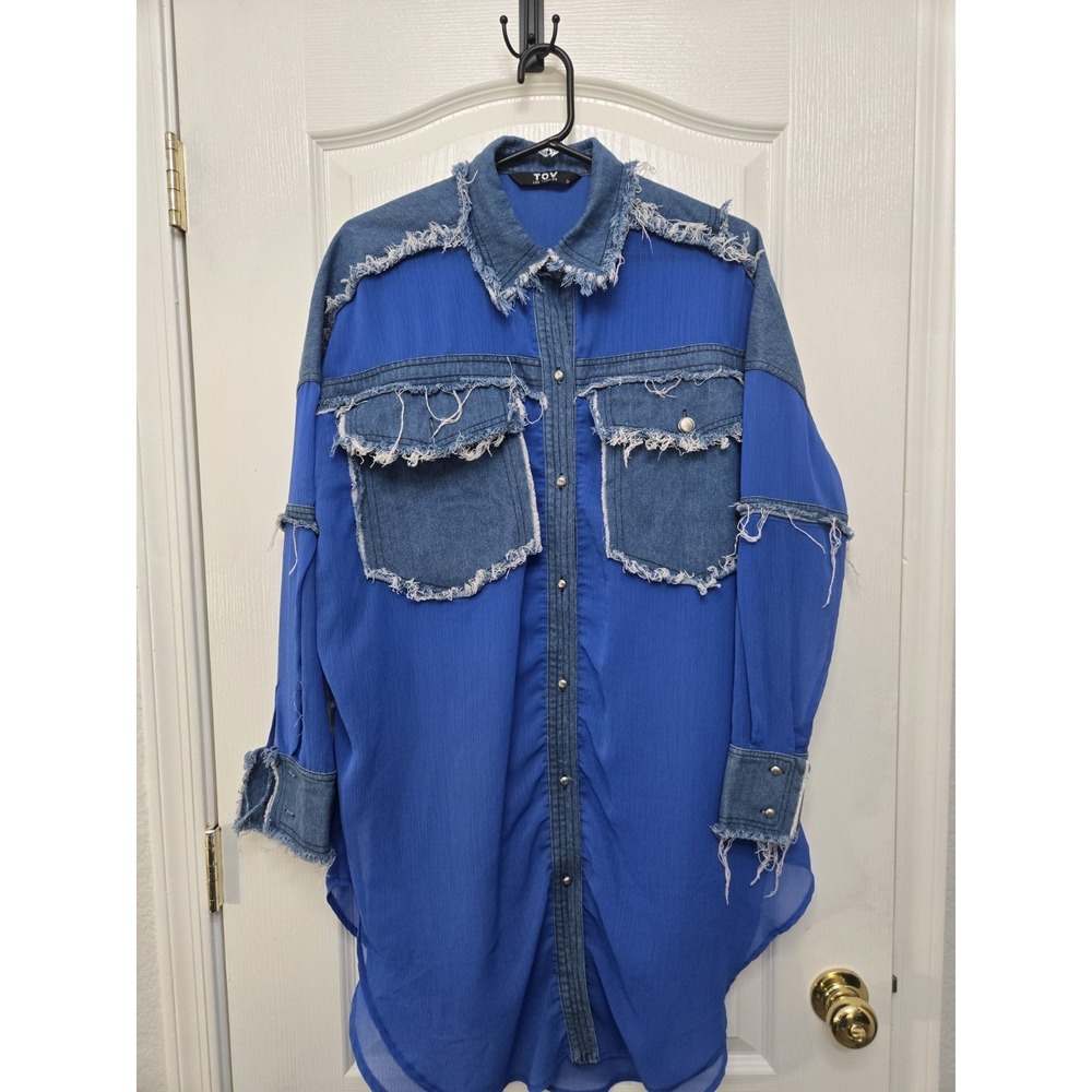 TOV Women's Sheer Long Shirt Jacket Top Royal Blue W/ Denim Western Wear Size 38